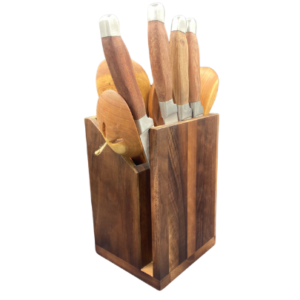 Functional wooden magnetic knife holder with built-in utensil storage, a space-saving solution for kitchen organization.