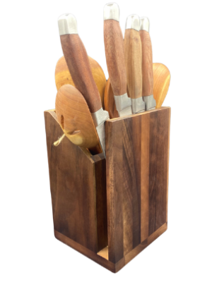 Functional wooden magnetic knife holder with built-in utensil storage, a space-saving solution for kitchen organization.