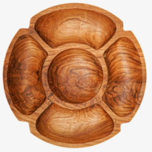 Wooden flower-shaped chip & dip platter, showcasing intricate craftsmanship and natural elegance, perfect for stylish entertaining and serving snacks in a delightful floral arrangement.