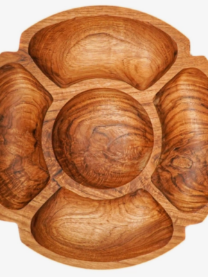 Wooden flower-shaped chip & dip platter, showcasing intricate craftsmanship and natural elegance, perfect for stylish entertaining and serving snacks in a delightful floral arrangement.