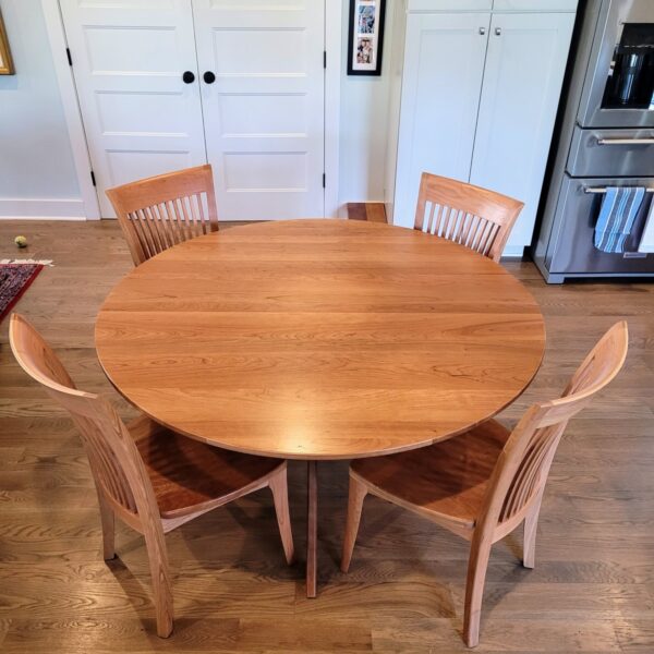 Solid cherry round extension Audrey dining table with solid cherry wood Sarah dining chairs