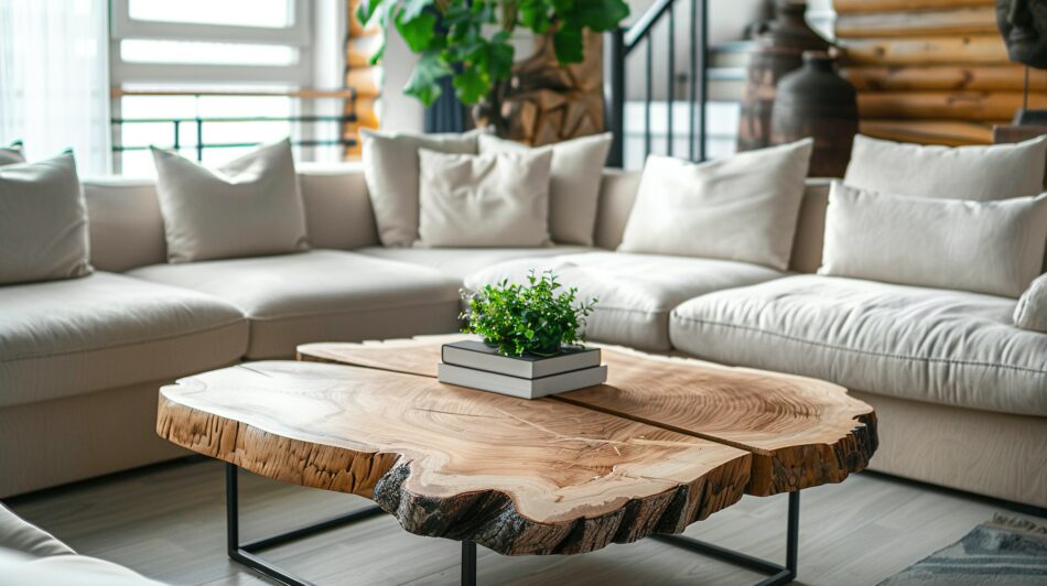 A live edge coffee table encompassed by a white sectional couch in a living room setting, similar to something you can create at Fraser Wood Elements in Fredericksburg, VA.