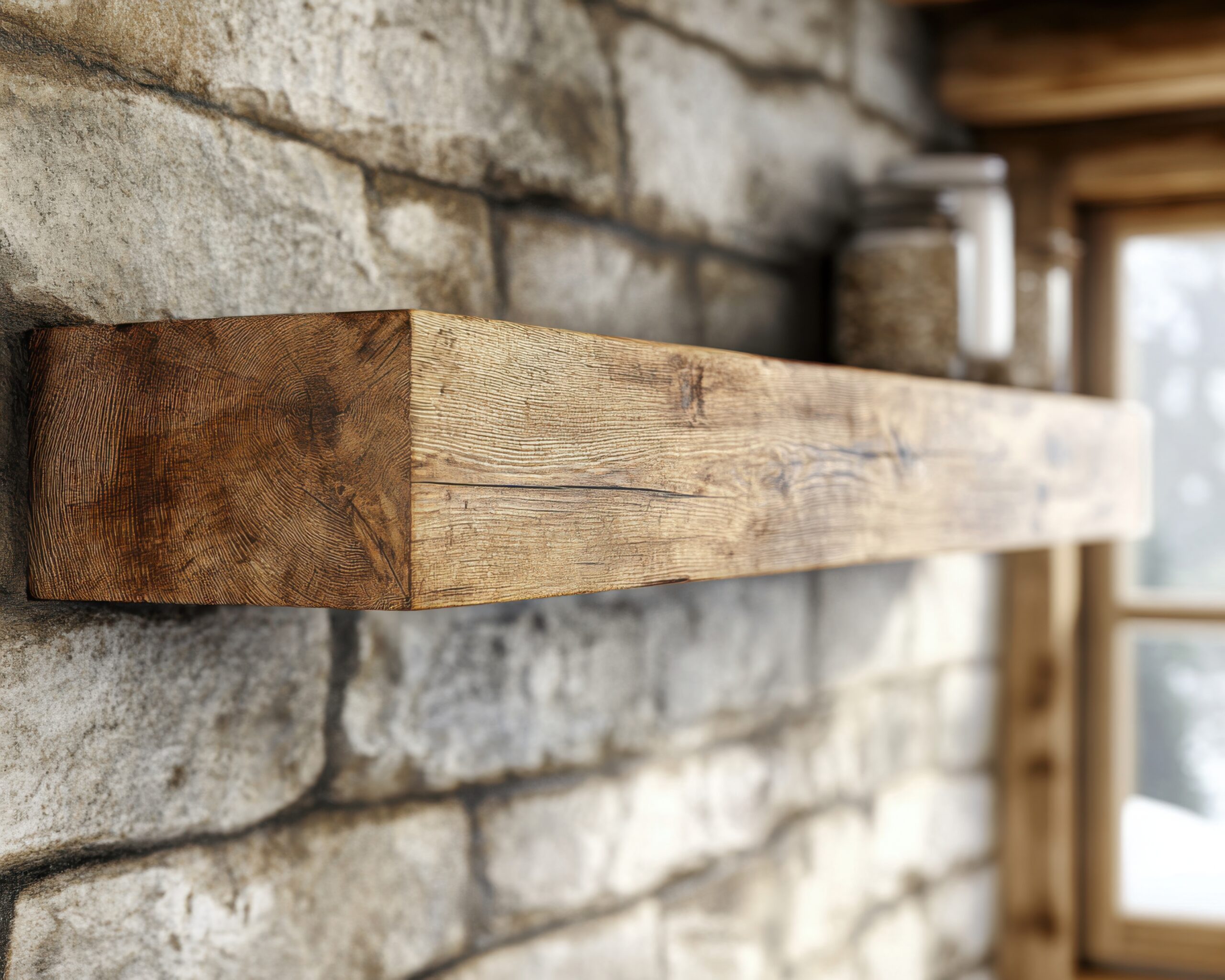 A close up of a rustic floating wood mantel shelf similar to something you can create at Fraser Wood Elements in Fredericksburg, VA.