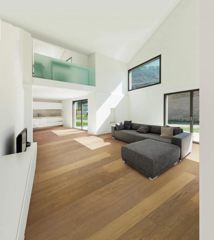 A modern living room with flooring from the Warm Hearts collection, one of the architectural materials offered at Fraser Wood Elements in Fredericksburg, VA.