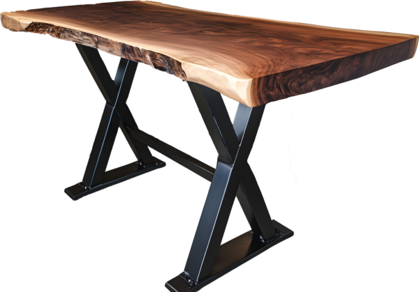 A live edge slab table with a metal base, similar to something you could create at Fraser Wood Elements in Fredericksburg, VA.