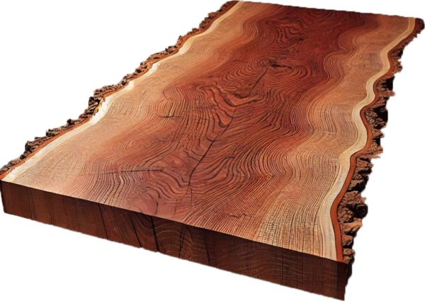 A finished red oak live edge slab, similar to something you can create at Fraser Wood Elements in Fredericksburg, VA.