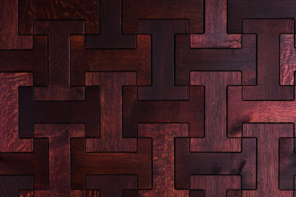 Deep red wooden wall coverings from the Windsor collection by Jamie Beckwith, available at Fraser Wood Elements in Fredericksburg, VA.