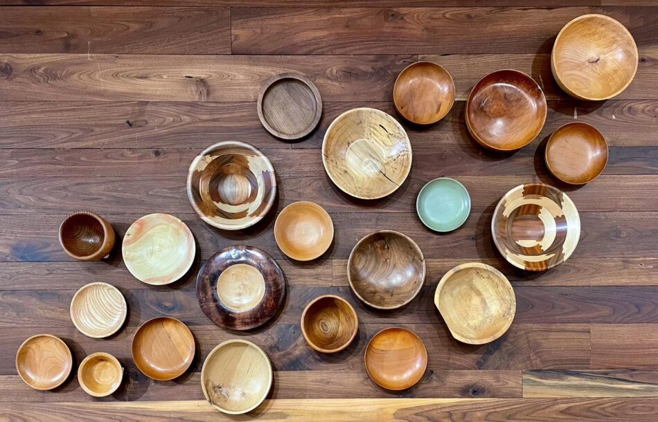 A collection of wooden bowls, available furniture accents at Fraser Wood Elements in Fredericksburg, VA.