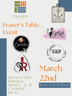 A digital flyer for ticket to Frasers Table event on March 22nd, featuring the logos for their event partners and details of the event at Fraser Wood Elements in Fredericksburg, VA.