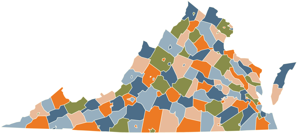 The state of Virginia in the brand colors of Fraser Wood Elements, a generational wood furniture store based in Fredericksburg, VA.