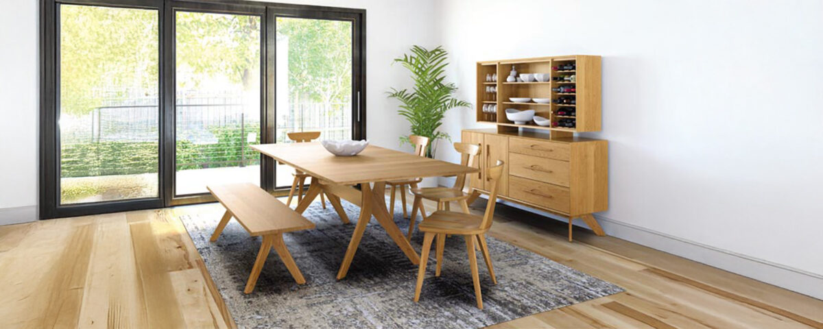 Dinner room table setup of Audrey dining set on sale for Memorial Day sale at Fraser Wood Elements in Fredericksburg, VA.